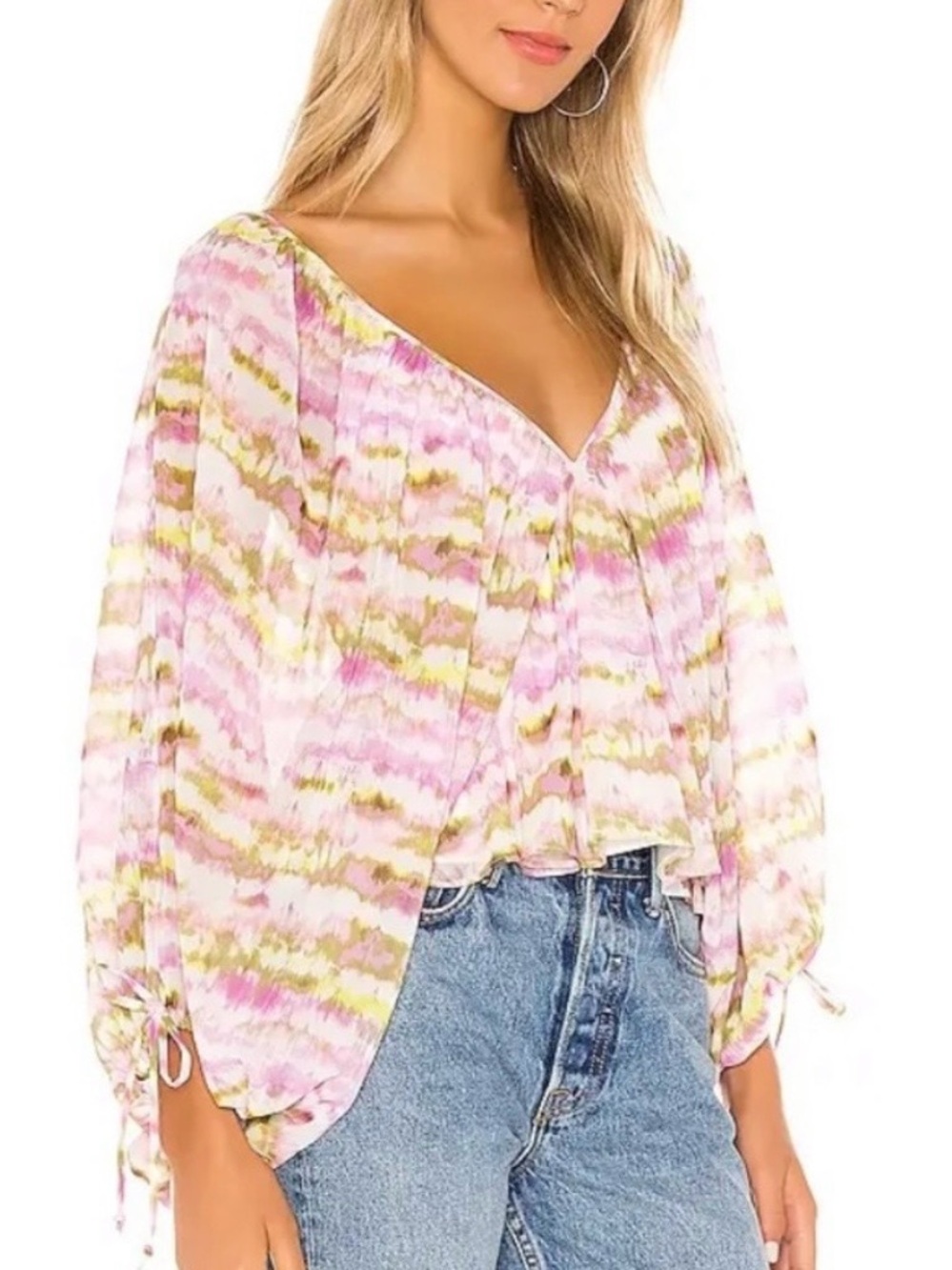 Tularosa Nola Boho V-Neck Billowly Sleeve Top In Orchid Multi Tie-Dye Sz XL